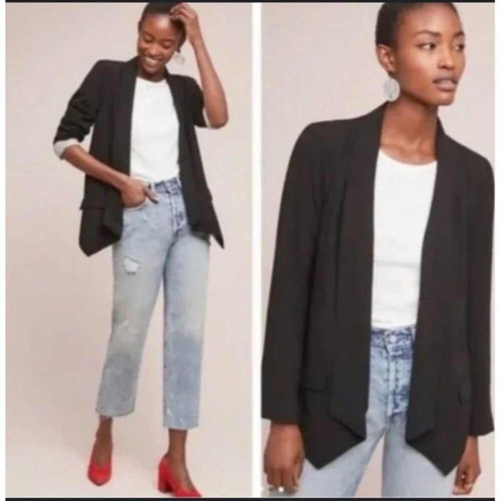 Anthropologie Cartonnier Black Blazer Jacket Draped Open- Front Size Small